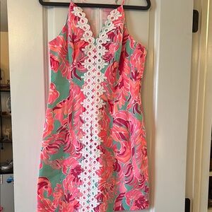 Lilly Pulitzer EUC Floral Pink and Green Dress with White Lace Trim size 2